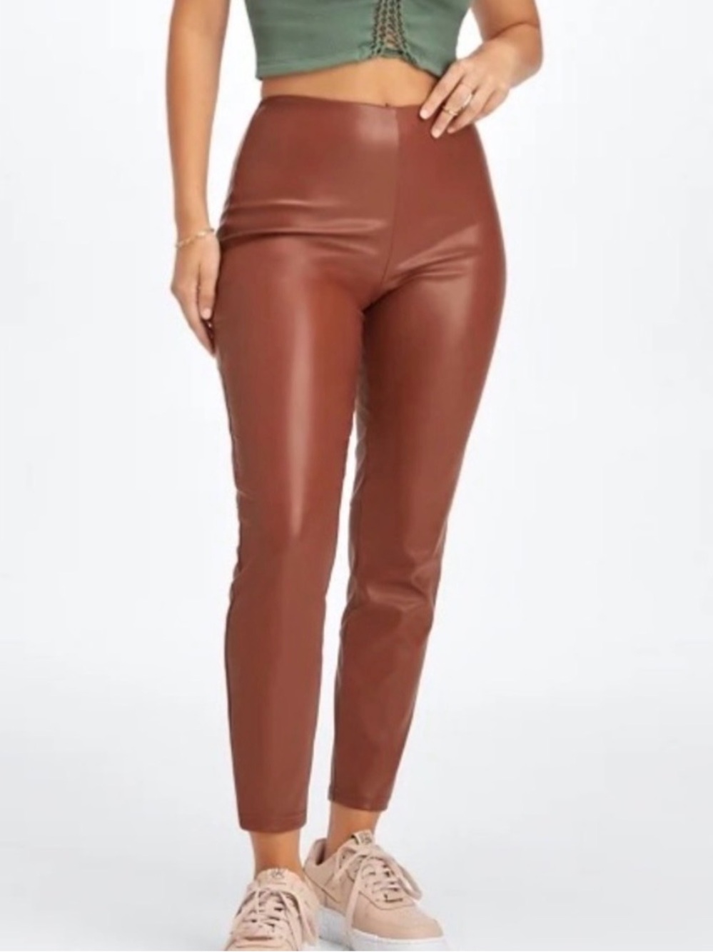 Fabletics High-Waist Vegan Athleisure Wear Leather Pants in Brown Size Large